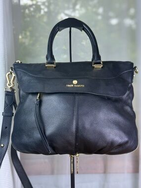 Vince Camuto Dean Satchel Black Pebbled Leather Crossbody Bag EUC